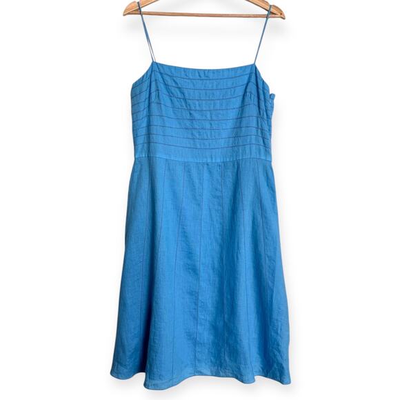 Ann Talylor Blue 100% Linen Spaghetti Strap Eyelet Fit N Flare Dress Women's 14P - Picture 1 of 11